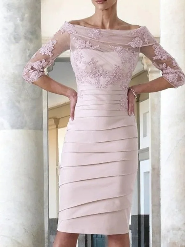 Stylish Savings Mother of the Bride Dresses Column Satin Applique 3/4 Sleeves Knee Length