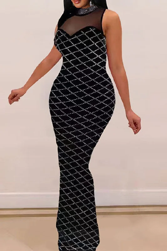 Best Seller Black Mesh Patchwork Stylish Rhinestone Maxi Dress