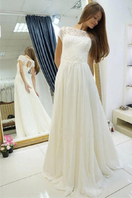 Elegant Style A-line Chiffon Long Beach Bateau Sweep Train Cap Sleeves Wedding Dress with