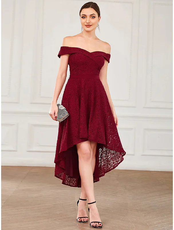 Fashion-Forward A-Line Homecoming Dresses Vintage Dress Homecoming Asymmetrical Sleeveless Off Shoulder Lace with Pleats Pure Color