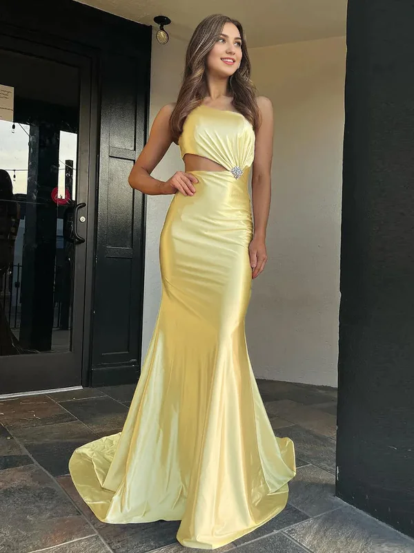 Seize Bargains Evening Dress One-Shoulder Sleeveless Mermaid Cultivate oneself Sweep Train Prom Dress Show Waist Charming Formal Women's Dresses