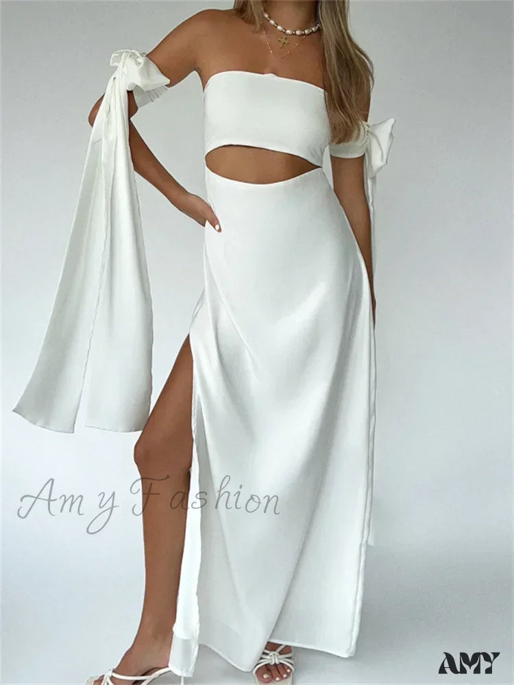 Summer Fashion Amy Fashion - Strapless Off Shoulder Sexy Women Split  Elegant Cut Out Slim Fit Solid Summer Female Vestidos