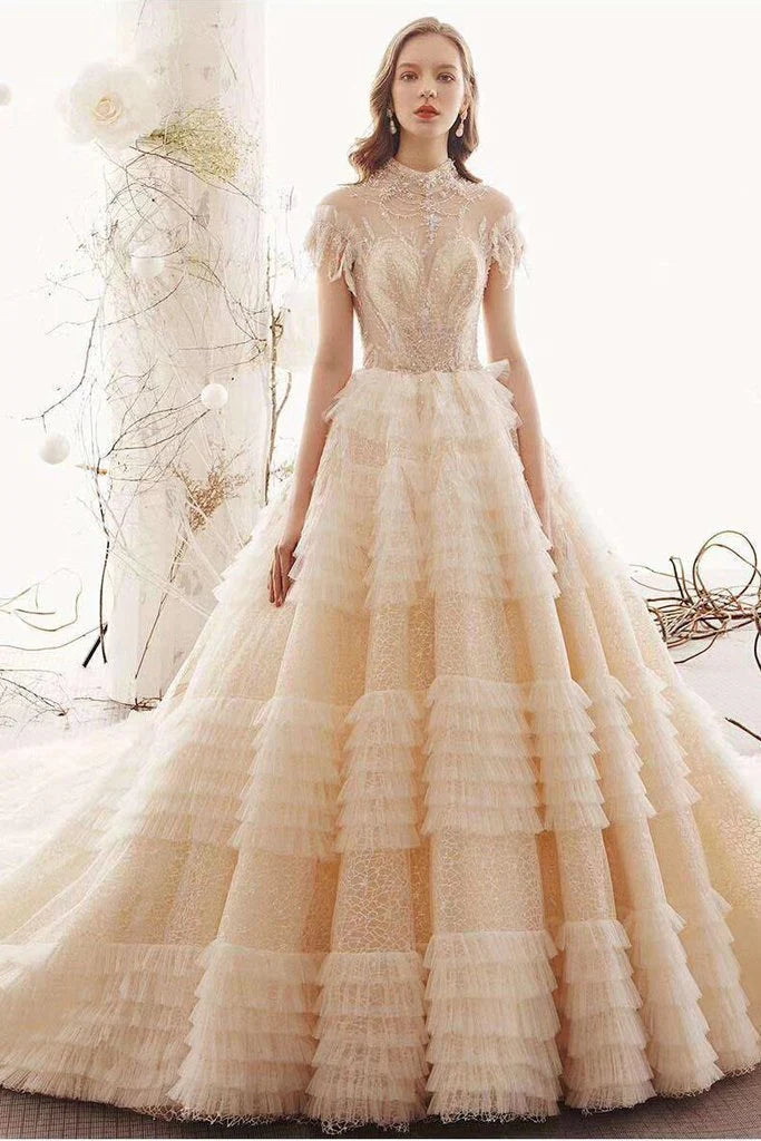 Best Seller Elegant High Neck Ball Gown Wedding Dresses Short Sleeve Quinceanera Dresses