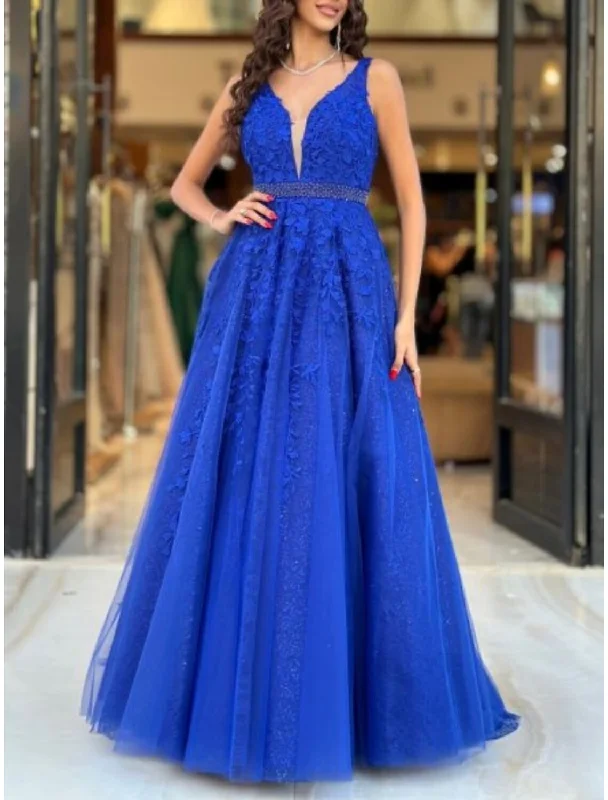 Elevate Your Wardrobe A-Line Prom Dresses Elegant Dress Formal Floor Length Sleeveless V Neck Tulle with Pleats Sequin Appliques