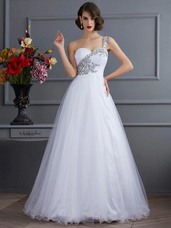 High End Designer Brands Discount Ball Gown One-Shoulder Sleeveless Beading Long  Woven Satin Quinceanera Dresses