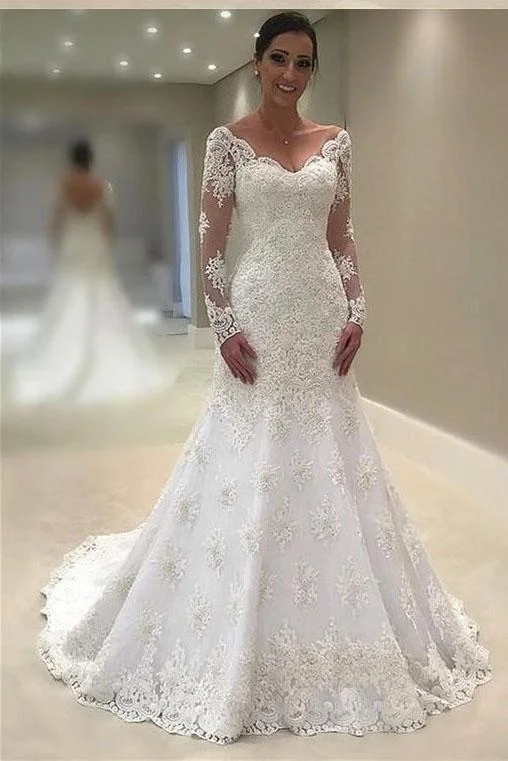 Quick Grab Deals Elegant Lace V Neck Neckline Mermaid Long Sleeve Wedding Dresses with Appliques