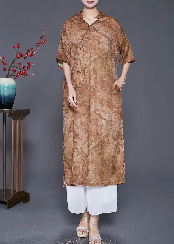 Women's High-Fashion Outfit Dive Into Trendy Styles Coffee Oversized Linen Gown Dresses Chinese Button Side Open Summer