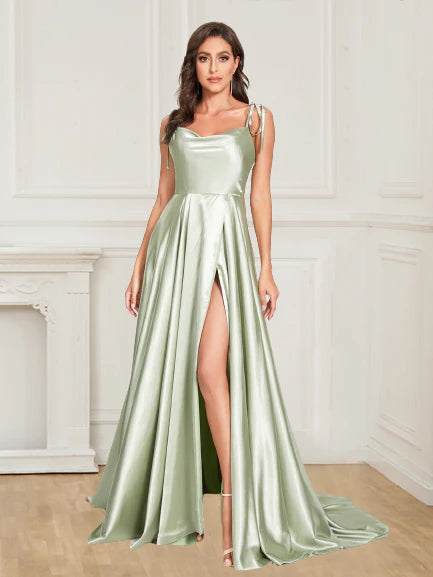 Big Discounts Sexy Satin Spaghetti Straps Sleeveless Split Front Prom Dress