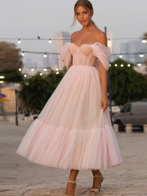 Limited Time A-Line/Princess Tulle Ruffles Off-the-Shoulder Sleeveless Tea-Length Dresses