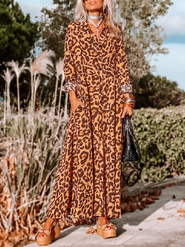 Athleisure Wear Special Offer Leopard Buttoned Maxi Dress