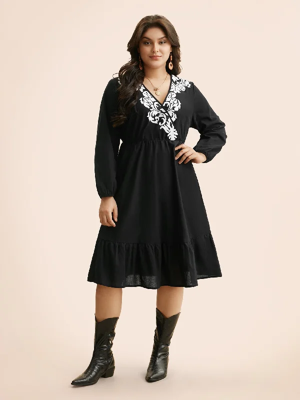 Elegant Style Boho Print Overlap Collar Midi Dress