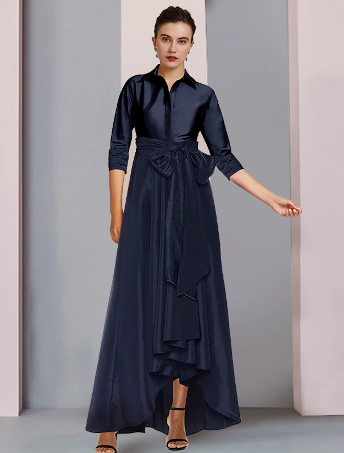 Trendy Styles Mother of the Bride Dress Elegant Plus Size High Low Shirt Collar Asymmetrical Floor Length Satin 3/4 Length Sleeve with Sash / Ribbon Bow(s) Pleats Mother of the Bride Dress