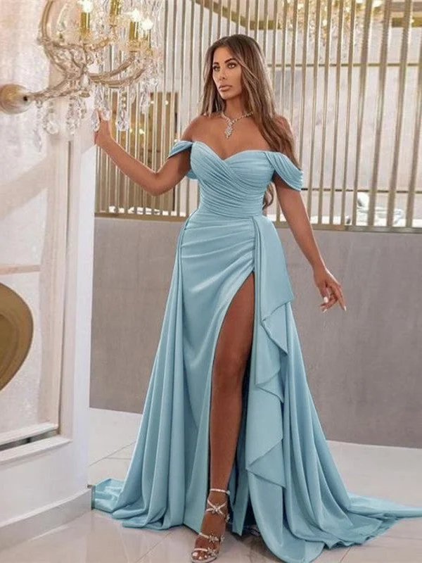 Save Big Sheath/Column Jersey Ruched Off-the-Shoulder Sleeveless Sweep/Brush Train Dresses