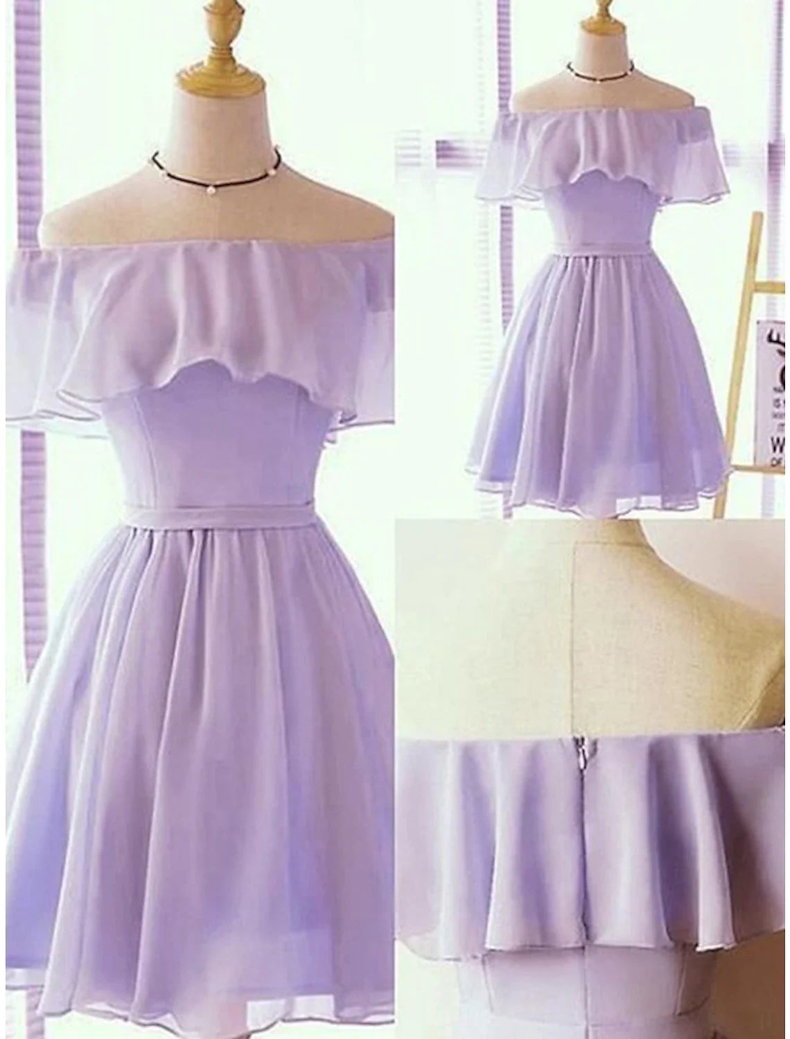 Limited Time Deal A-Line Short / Mini Off Shoulder Homecoming Dresses Elegant Dress Holiday Sleeveless Chiffon with Ruffles