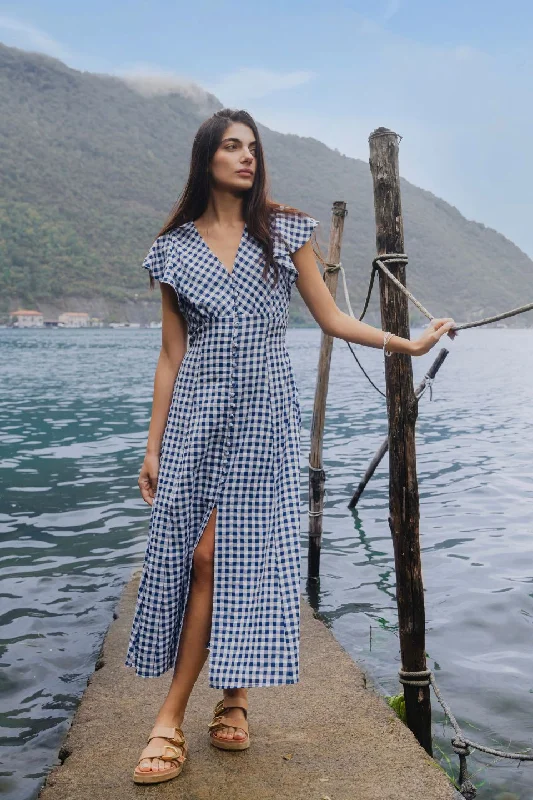 Elegant Simplicity Wardrobe Flawless Navy Gingham Cotton Fluted Sleeve Button Front Midi Dress