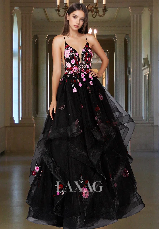 Women's Active Clothing Shop Our Looks Deep V-Neck Spaghetti Straps Tiered A-Line Prom Dress Off-Shoulder Sleeveless Colorful Applique Evening Gowns