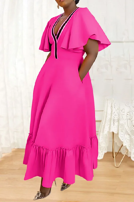 Special Occasion Wear Patchwork Deep V Neck Classic Ruffled Maxi Dress