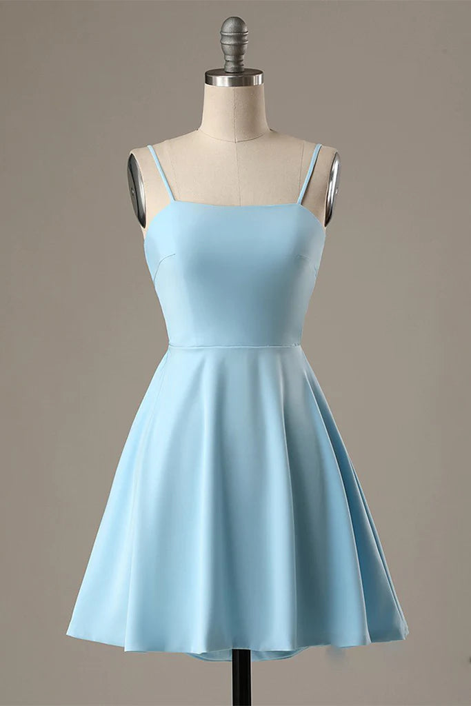 Huge Price Cut A-Line Spaghetti Straps Short Blue Satin Homecoming Dress