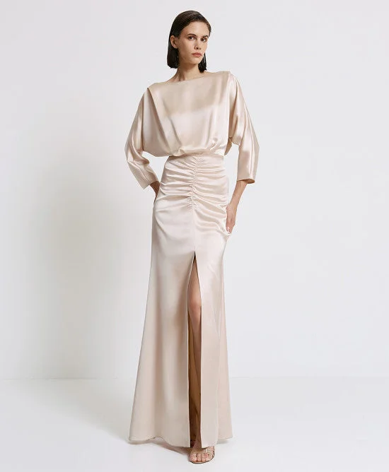 Fashion Frontiers Access Fashion Cream Satin Maxi Dress With Gatherings And Slit