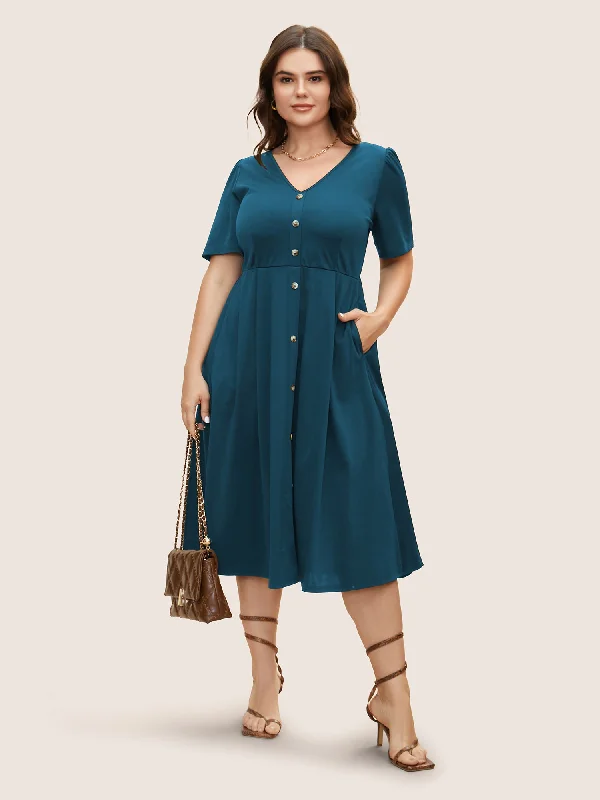 Discounts On Casual Weekend Styles V Neck Button Detail Elastic Waist Midi Dress