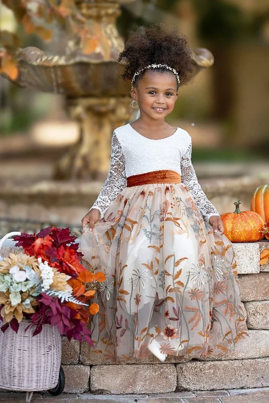 Wardrobe Upgrade Long Sleeve Lace and floral embroidered Tulle Flower Girl Dress - Champagne