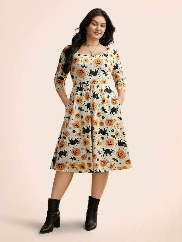 Stylish Savings Pumpkin Spiced Elastic Waist Printed Midi Dress