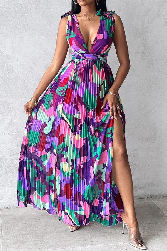 Limited Time Deal Watercolor Print Romantic Lace-Up High Split Pleated Maxi Dress