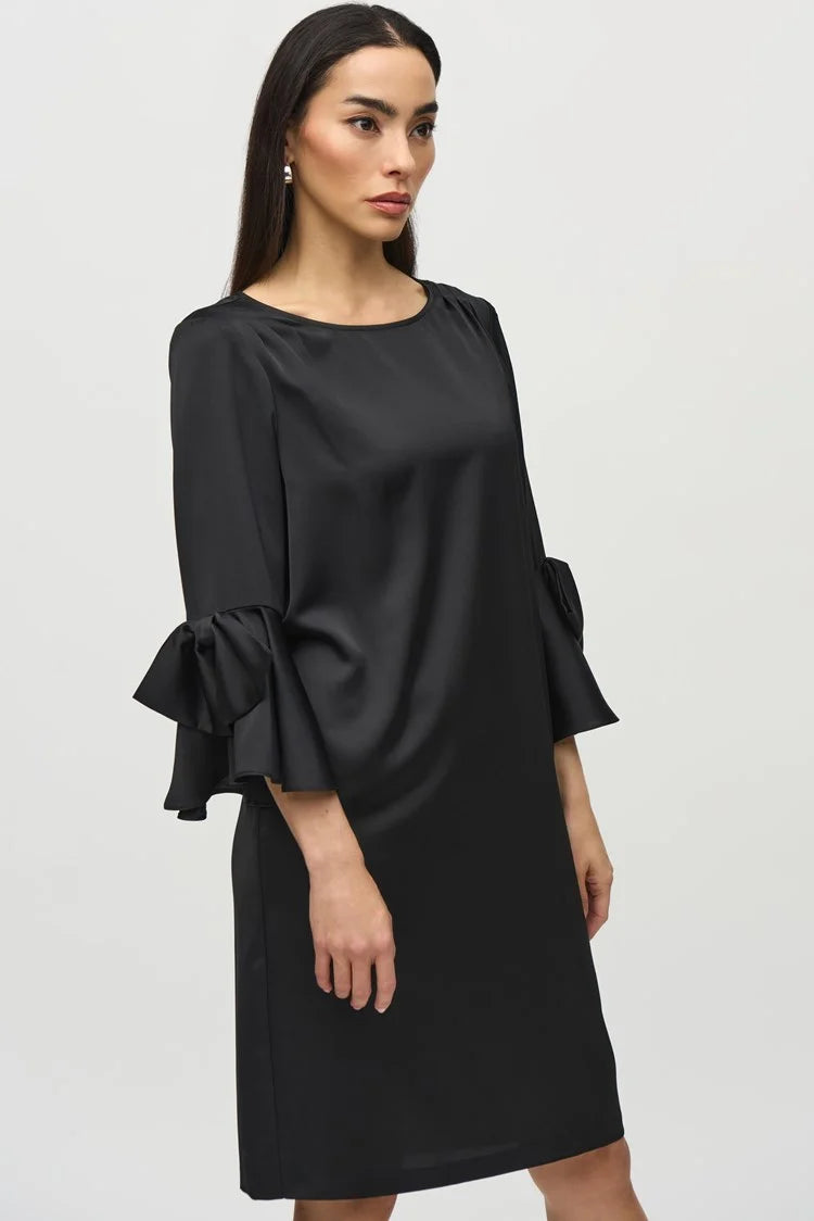 Stylish Statements Joseph Ribkoff Black Satin Ruffle Sleeve Straight Dress