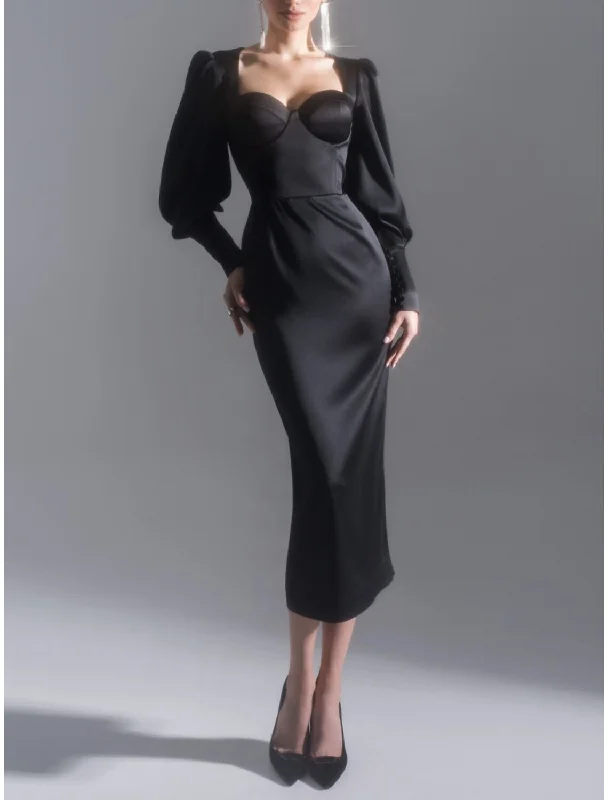 Boutique Styles Sheath Black Dress Evening Gown Elegant Dress Formal Tea Length Long Sleeve Sweetheart Satin with Ruched Slit