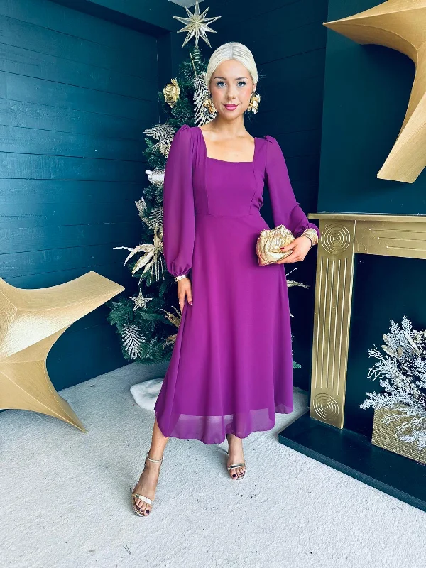 Fashion For Every Occasion Caitlin Square Neck Midi Dress Plum