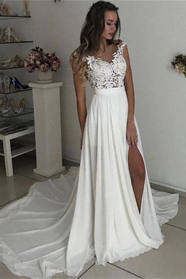 Top Deals Formal Long Ivory Lace Chiffon Side Slit Cap Sleeve Cheap Beach Wedding Dresses