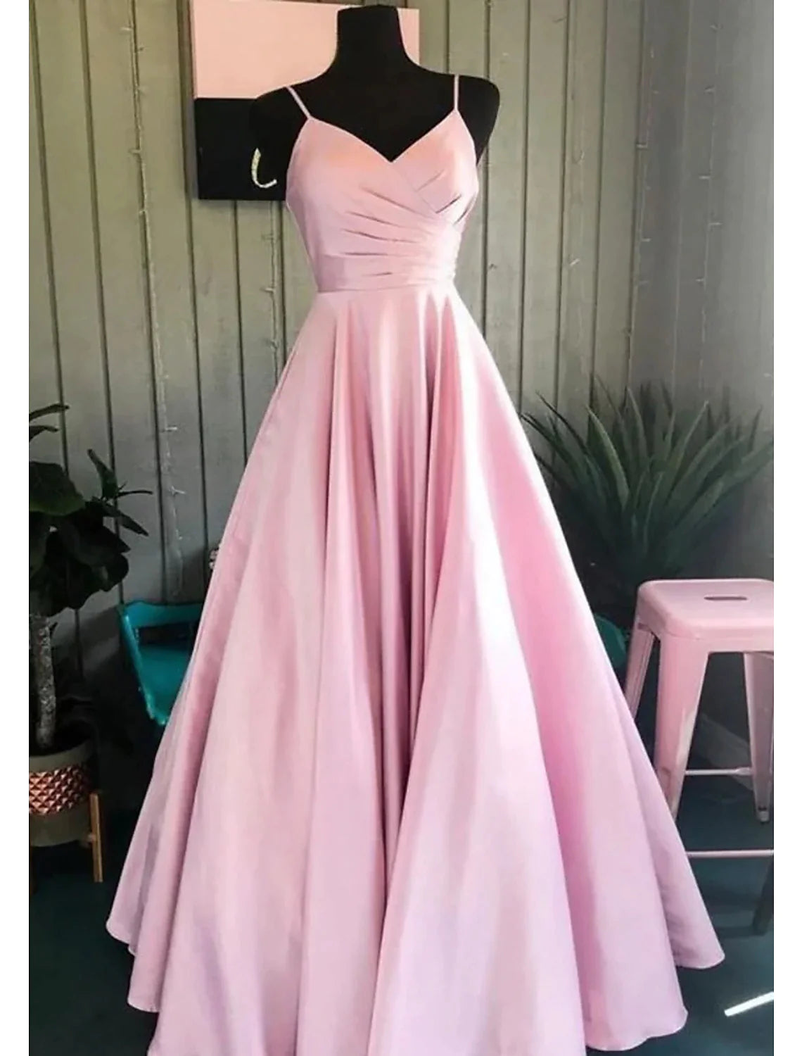 Style Redefined A-Line Prom Dresses Minimalist Dress Formal Floor Length Sleeveless V Neck Stretch Satin Backless with Pleats Ruched