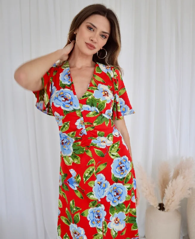 Elegant Clothing Red Oversize Floral Ruche Midi Dress