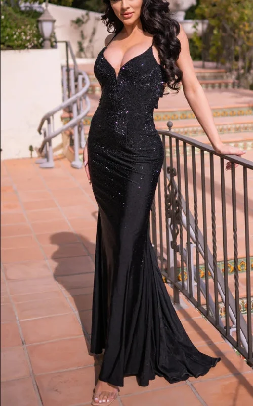 Limited Styles Evening Dress V-Neckline Fitted Satin Spaghetti Strap Gown Hot Set Rhinestones Open Back Black Formal Dress