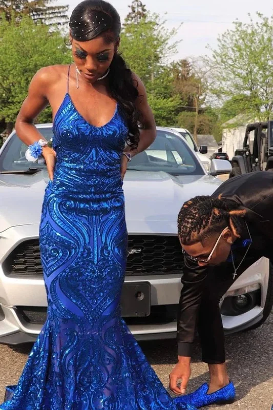 Attire Sale Gorgeous Blue Sequins Lace Sleeveless Floor-length Mermaid Prom Dresses    S1882