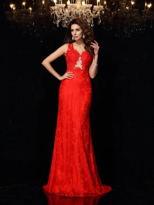 Flowy Fabric Sheath/Column V-neck Lace Sleeveless Long Satin Dresses