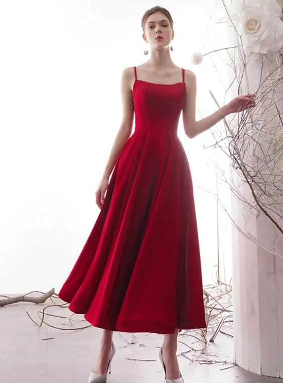 Embrace New Fashion A-Line Simple Red Satin Spaghetti Straps Tea Length Prom Dress    S663