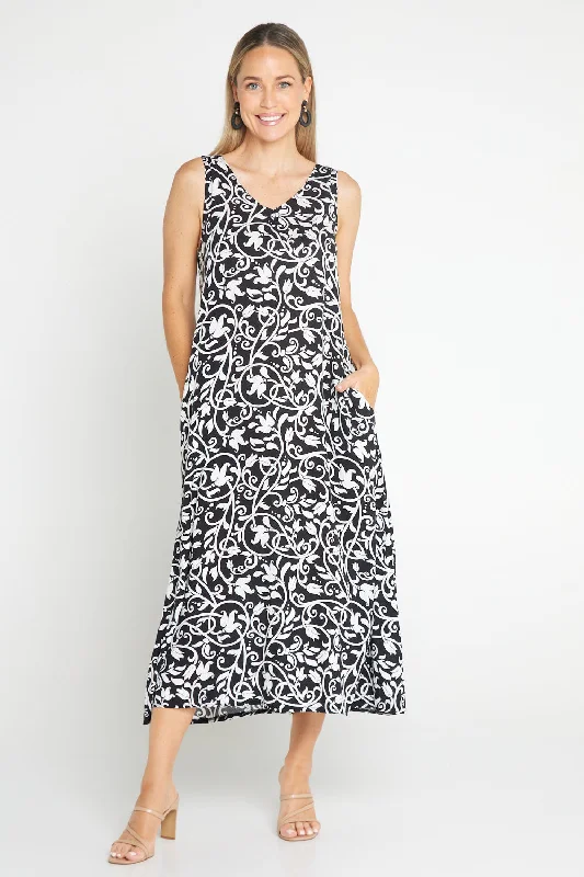 Latest Fashion Sienna Sleeveless Midi Dress - Black Floral Flourish