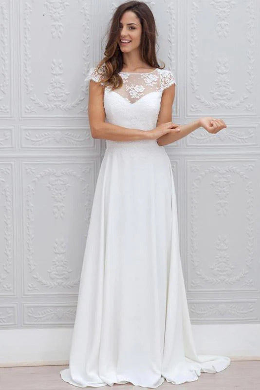 Elevate Your Wardrobe A Line Chiffon White Lace Appliques Cap Sleeve Open Back Scoop Long Wedding Dresses