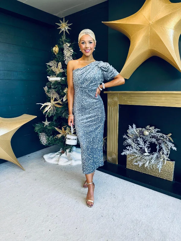 Seasonal Sale Georgia One Shoulder Sequin Midi Dress Silver