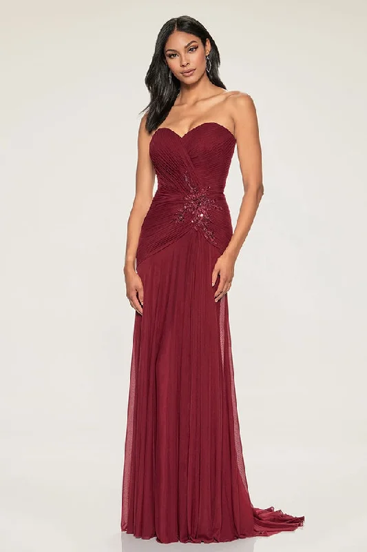 Sophisticated Fashion Cameron Blake CB202 Strapless Mesh w/ Lace Applique | Wine, Papaya