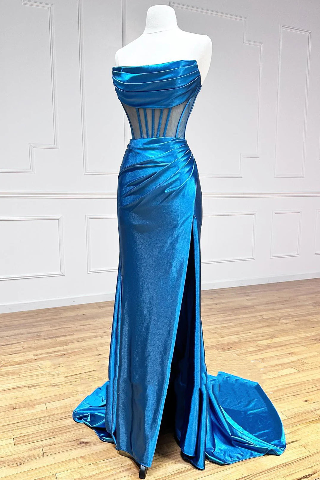 Huge Markdowns Sheath Satin Strapless Pleated Boning Sheer Long Prom Dress with Slit