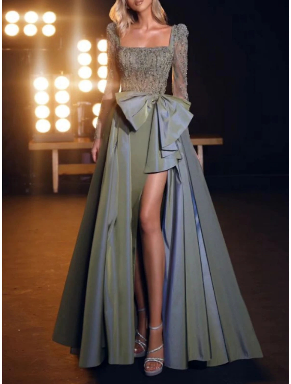 Elegant Styles A-Line Prom Dresses Elegant Dress Formal Sweep / Brush Train Long Sleeve Square Neck Satin with Bow(s) Sequin Slit