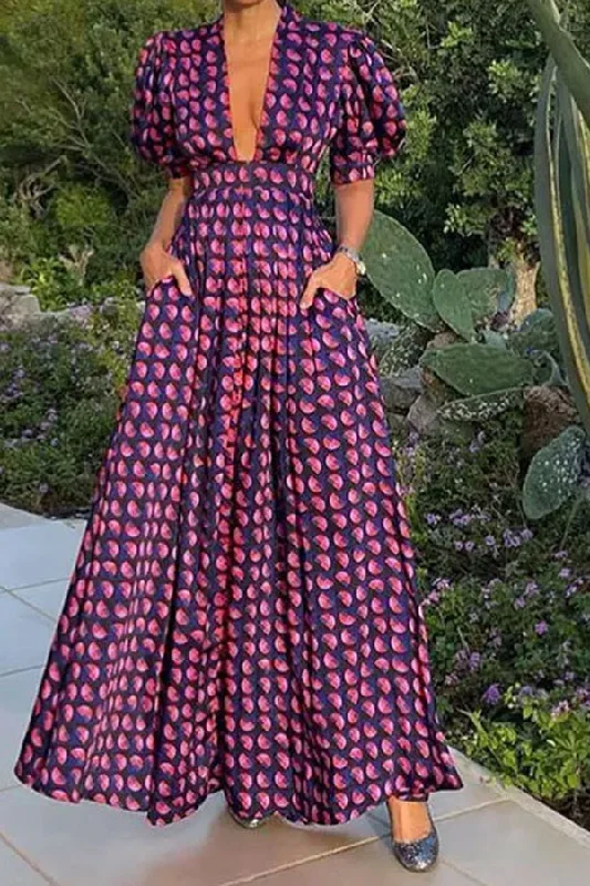 Wardrobe Upgrade Graphic Print Plunging Modern Puff Sleeve A-Line Maxi Dress