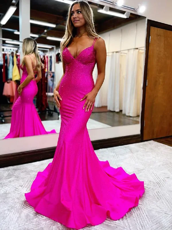 Best Sellers Prom Dress Sparkly Mermaid V Neck Beaded Satin Long