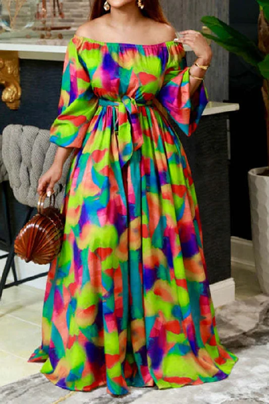 Elegant Attire For The Modern Lady Colorful Abstract Print Off Shoulder Belted Maxi Dress