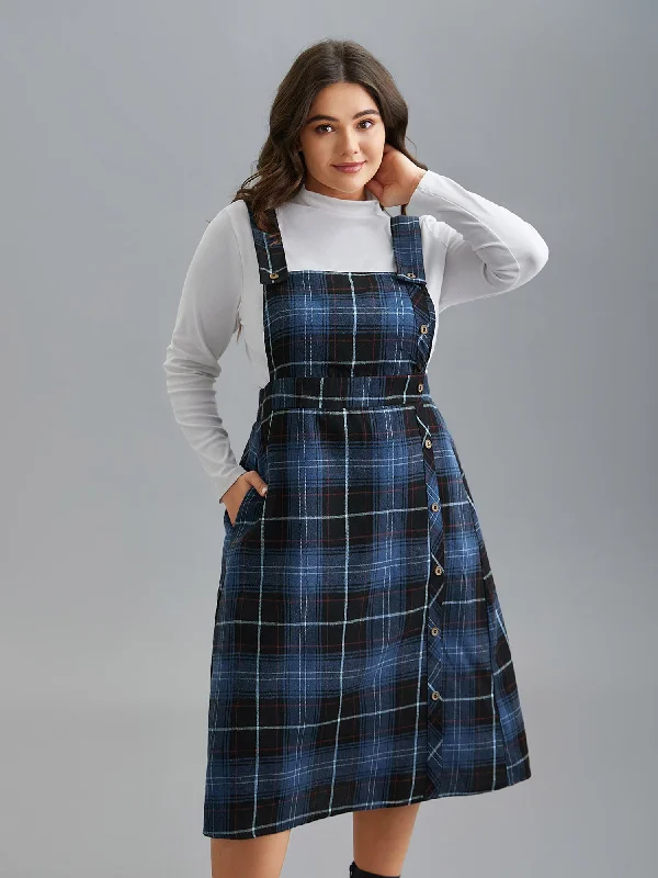 Alluring Design Plaid Pattern Overall Buttons Slit Midi Dress