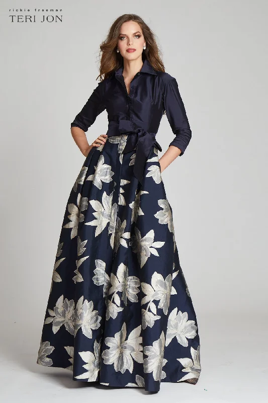 Huge Discounts This Week Shirt Waist Jacquard Gown with Large Floral Print Skirt