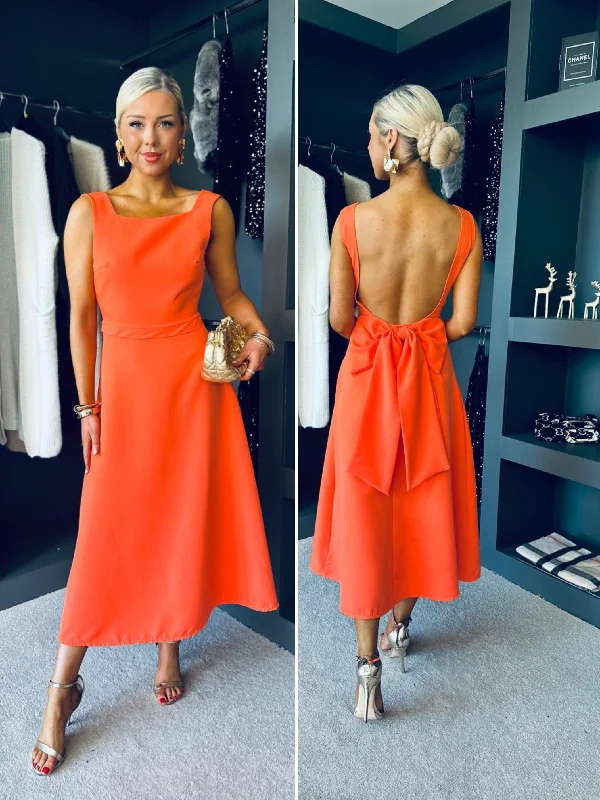 Dreamy Draping Antoinette Bow Detail Midi Dress Orange