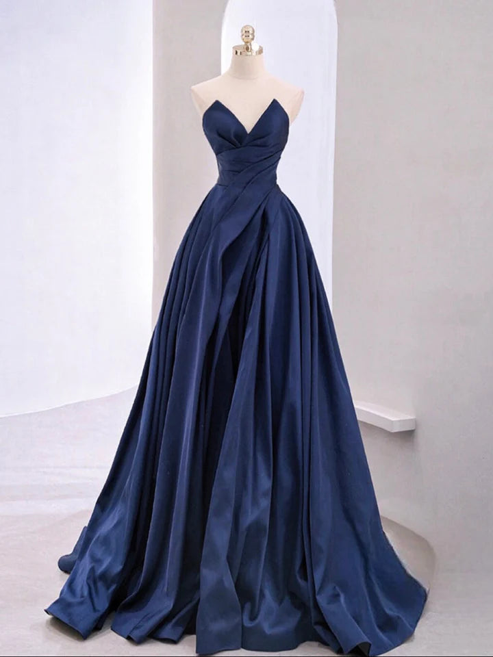 Latest Trends A-Line V Neck Evening Dress Satin Split Fork Strapless Dark Blue Long Formal Elegant Dress